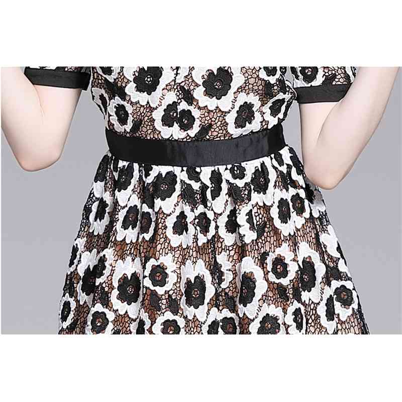 Vintage Embroidery Women Dress Turn-down Collar Short Sleeve High Waist Hollow Self Portrait Dresses 210520