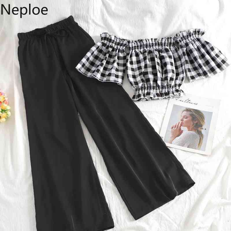 Neploe Fashion Korean Suit Two [iece Set Women Plaid Off Shoulder Crop Tops High Waist Wide Leg Pants Ropa Mujer 2 Piece Set 210422
