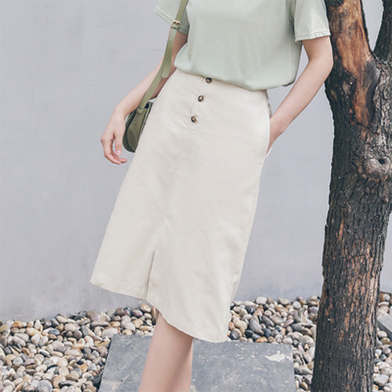 Spring Korea Fashion Women High Waist Knee-length A Line Skirt Single-breasted Cotton Casual Skirts Femme Saia M519 210512