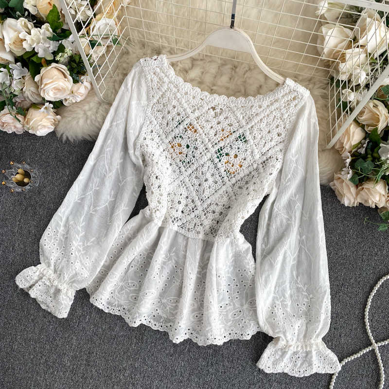 Women Fashion Bohemian Vintage Crochet Hollow Knitting Sweet Embroidered Tops Long Sleeve Blouse and R782 210527