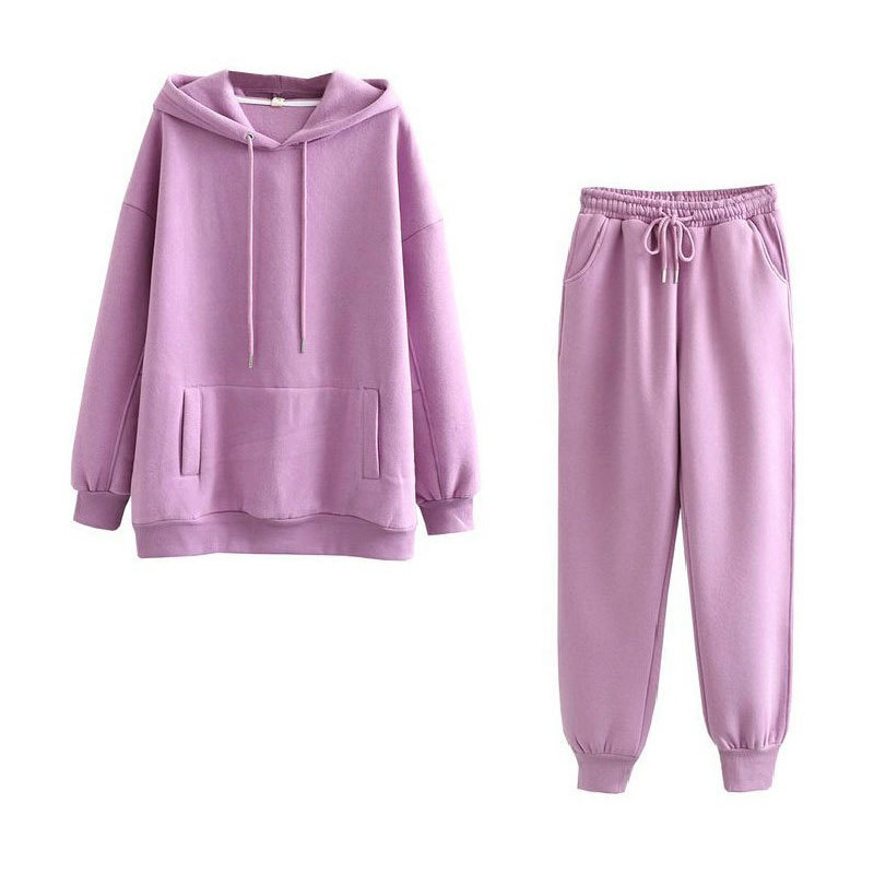 Autumn Winter Hooded Hoodies Sweatshirt Suits Women New Thick Fleece Cotton Suit 2 pieces Sets Full Length Pants Suits 210413