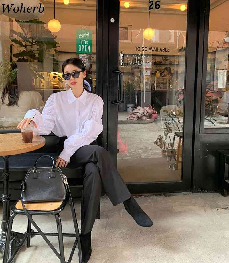 Korean Chic Women Blouses Fashion Female Shirts Single Breasted Puff Long Sleeve White Casual Blusas Mujer 210519