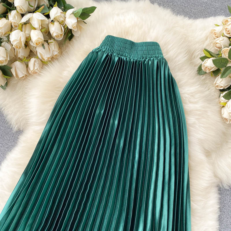 High Waist Long Skirts Womens 2024 Maxi Pleated Skirt Women Clothing Elegant Office Lady Fashion Metallic Satin Skirt