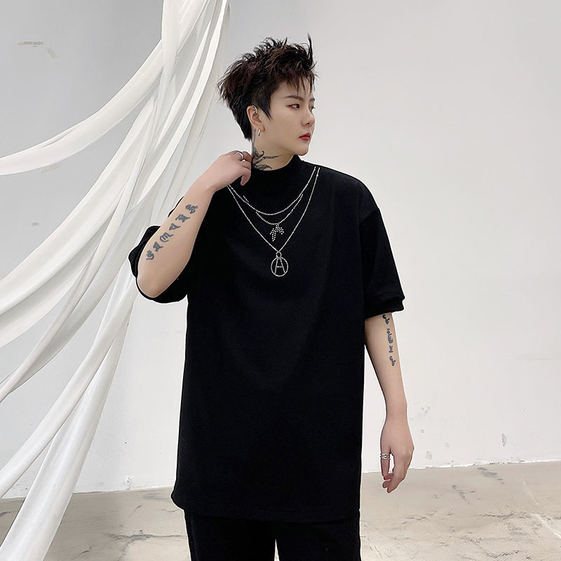 IEFB Summer Short Sleeve Drill Black T-shirt For Men Small Round Collar Causal White Tee Tops Loose Streetwear 9Y6689 210524