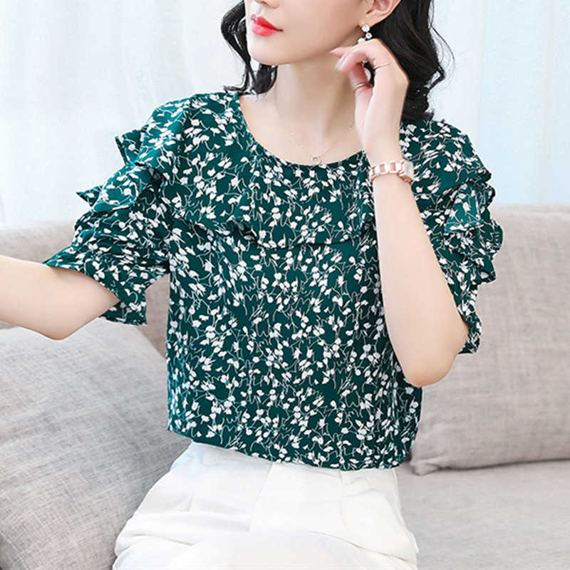 

Korean Women's Shirt Chiffon Blouse for Women Short Sleeve Floral Female O-neck Print Top Oversize OL 210604, Green