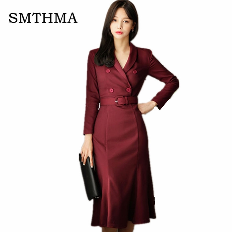 Autumn And Winter Arrival Fashion Elegant Korea Dress Women's Long Sleeve Double Breasted Notched Collar vestidos 210520