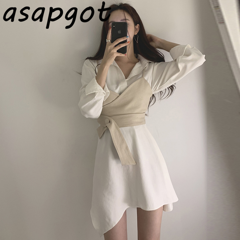 Sexy Camisole Tops Chic Retro Slim Fashion Waist Solid Turn Down Collar Irregular Shirts Dress Women Office Lady Temperament 210429