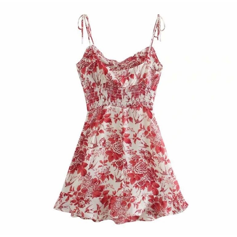 Vintage France Summer Wood ears V neck Floral Print Bandage Spaghetti Strap Short Dress Sexy Women Lacing Up Sling Party Dresses 210429