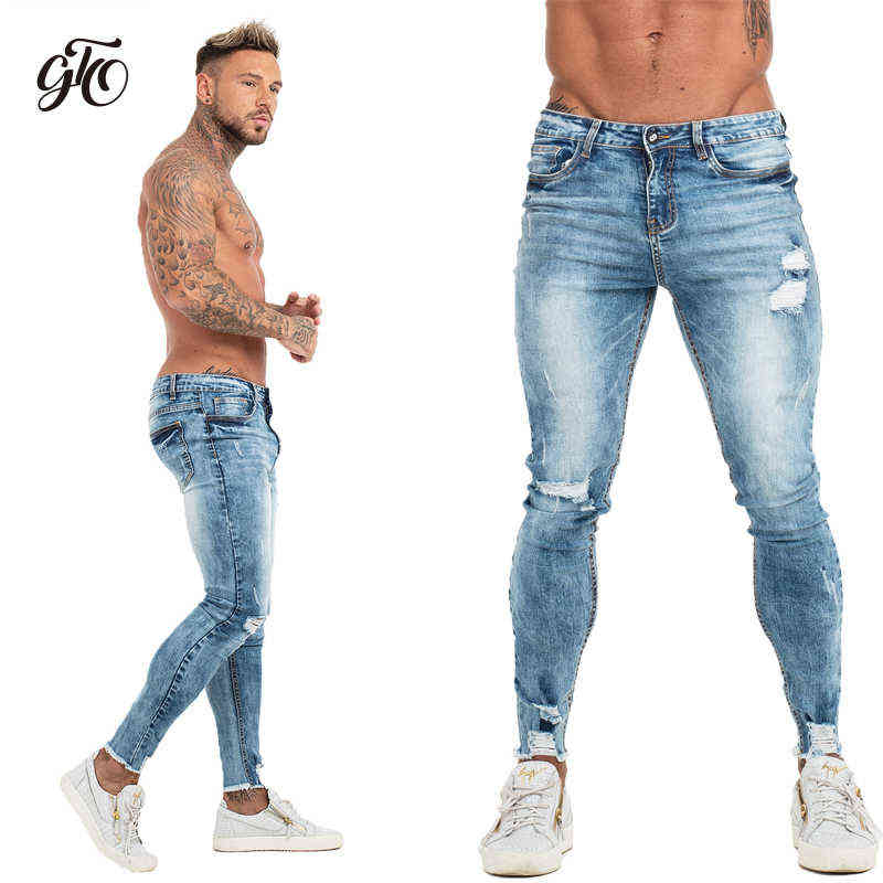 GINGTTO Jeans for Men Pants Elastic Waist Skinny Mens Stretch Ripped Streetwear Denim Blue 211111