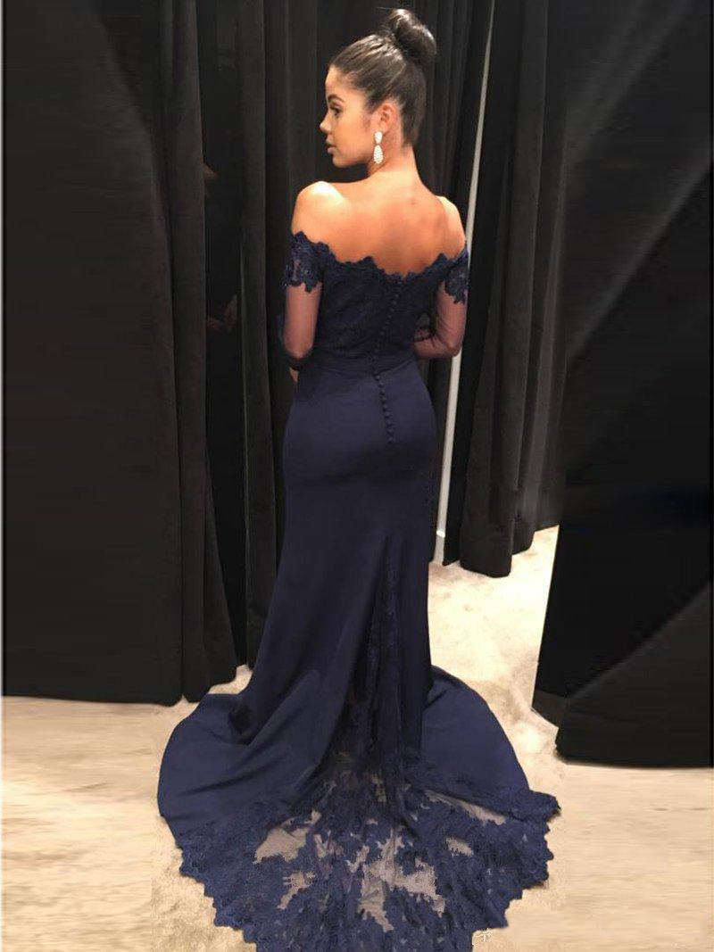 2021 Vintage Navy Blue Off Shoulder Mermaid Bridesmaid Dresses Cheap Long Sleeves Lace Evening Prom Gown Sexy Wedidng Guest Gown