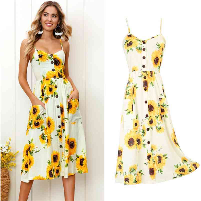 Elegant Button Sexy Dresses Women Straps V Neck Off Shoulder Backless Pocket Midi Vintage Lady Beach Summer Vestidos 210522