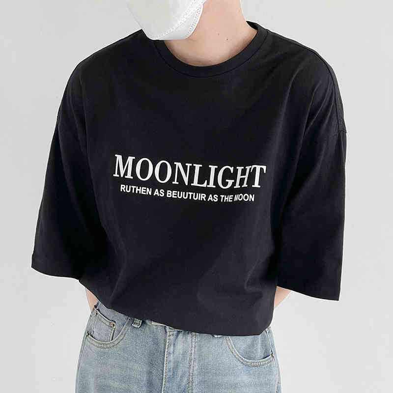 IEFB Black Short Sleeve Men's T-shirt Round Neck Loose Letter Print Simple Casual Korean Trend Black Tee Tops Summer 9Y7589 210524