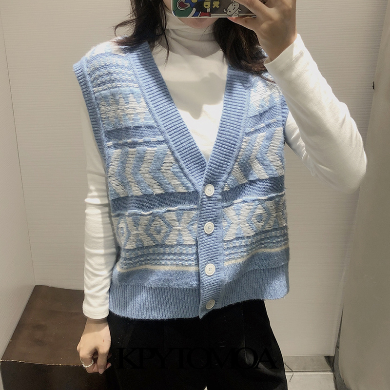 Women Fashion Geometric Pattern Knitted Vest Sweater V Neck Sleeveless Female Waistcoat Chic Tops 210420