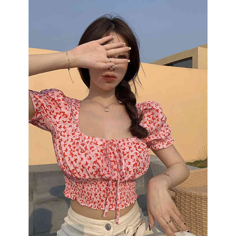 Chic Korean Sweet Summer Sexy Square Neck Puff Short Sleeve Floral Crop Tops Shirts & Blouses Blusas Mujer Fashion Gentle 210429