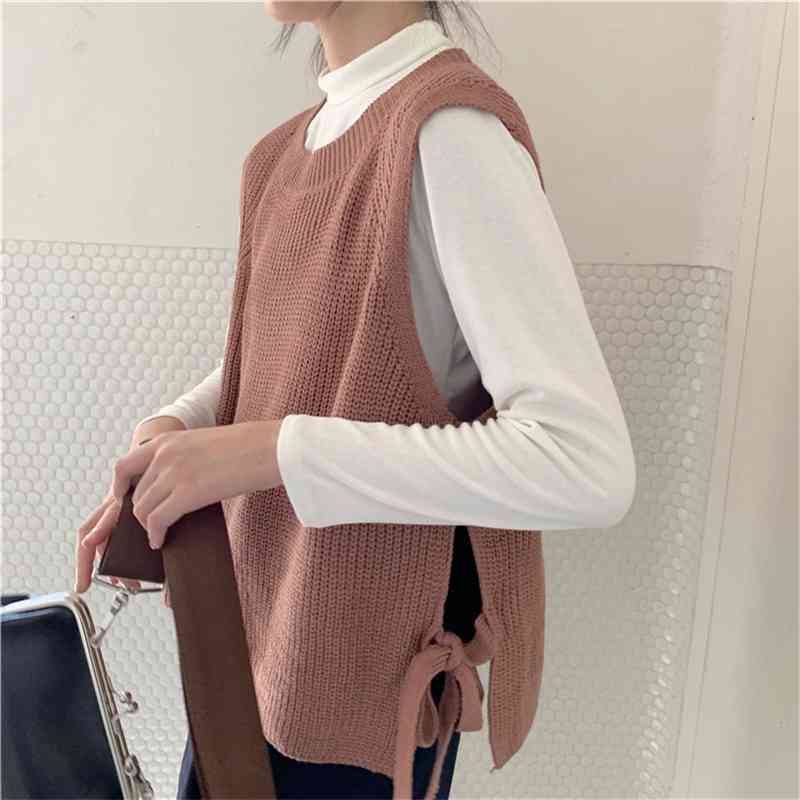 Spring Autumn Women Sweater Waistcoat harajuku Womens Elegant fashion lace up Pullover Knitting Tops Outerwear Vest 210702