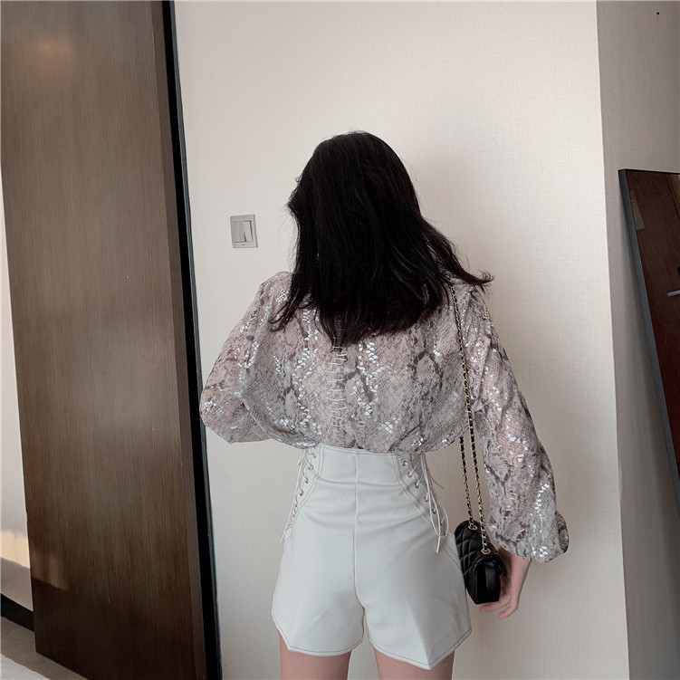 Snake Print Sequin Blouse Glitter Ladies Top Long Sleeve Button Down Shirt For Women Autumn Korean Fashion 210427