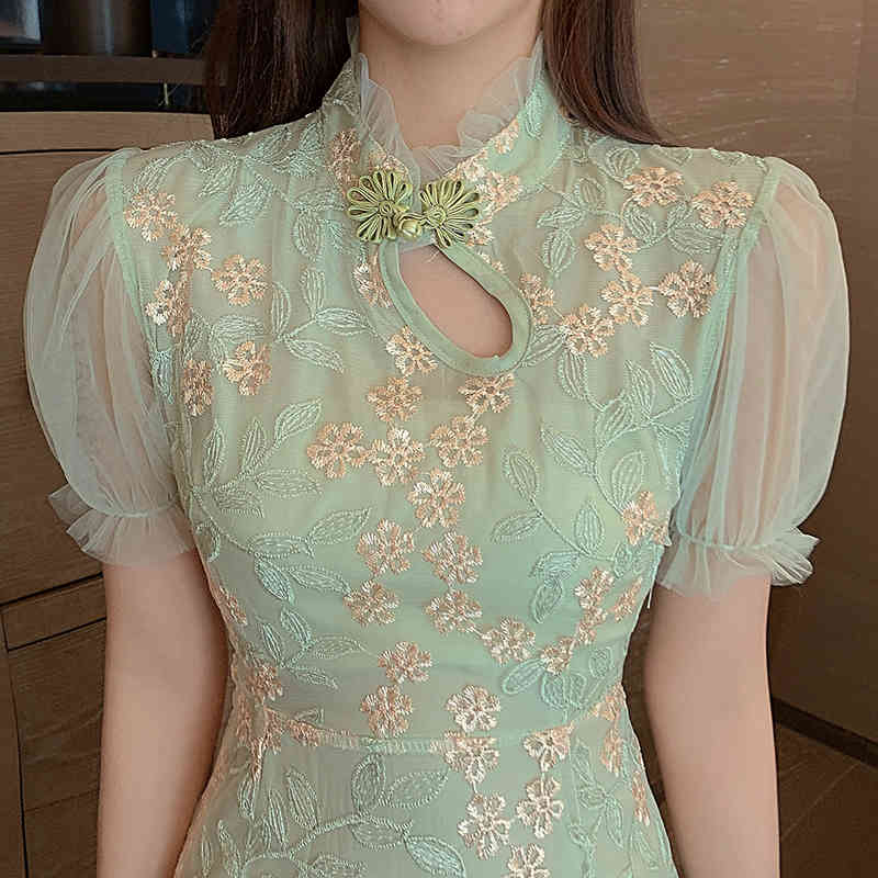 Chinese Style Fashion Stand Collar Lace Embroidery Slim Mini Dress Vintage Elegant Ruffles Female 210519