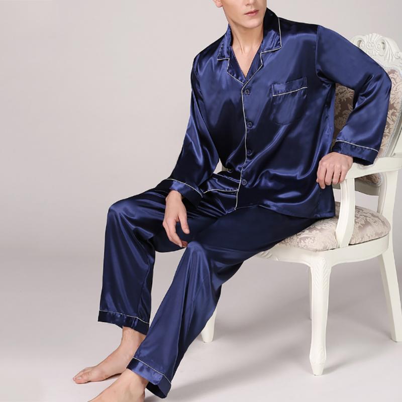 Summer Mens Pajama Set Imitation Silk Pajamas Men Sleepwear Print Shirt Long Sleeve Top Pants Sexy Nightwea Men's