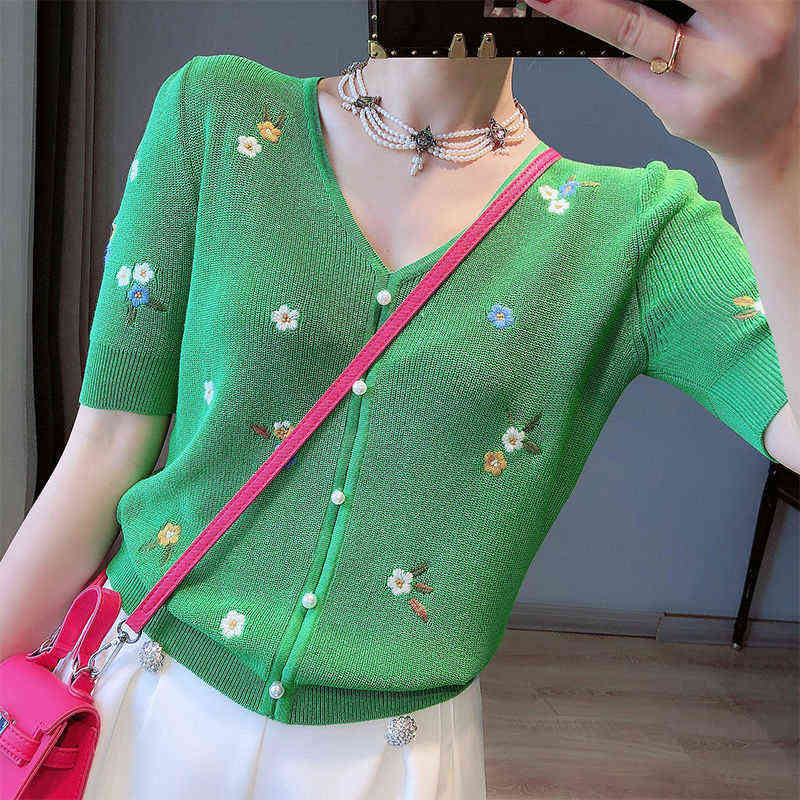 Floral Embroidery Thin Knitted Cardigans Sweaters Summer Women Korean Fashion V-neck Short Sleeve Single-breasted Ice Silk Tops 211117
