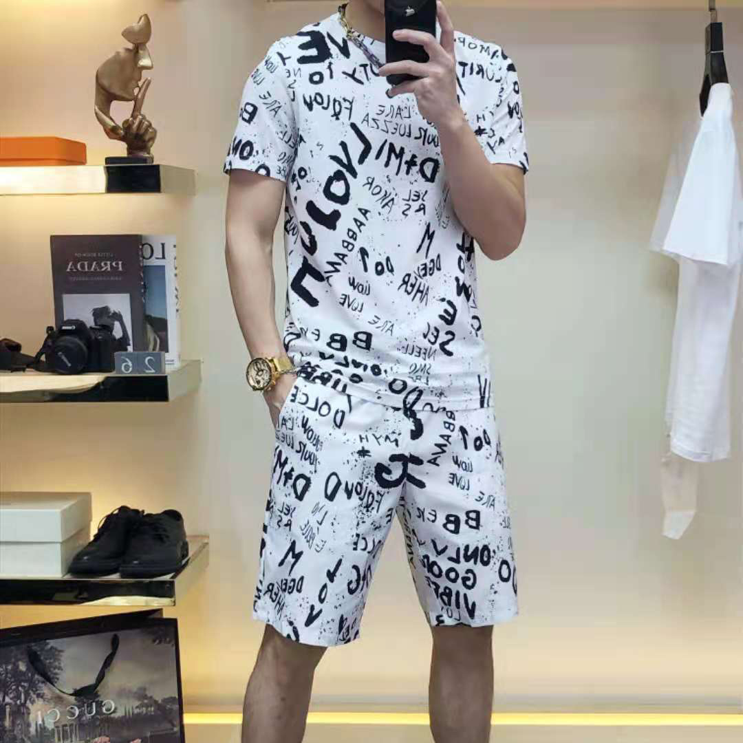 2021 fashion tide brand men's sportswear round neck T-shirt five-point shorts two-piece short-sleeved top two-color