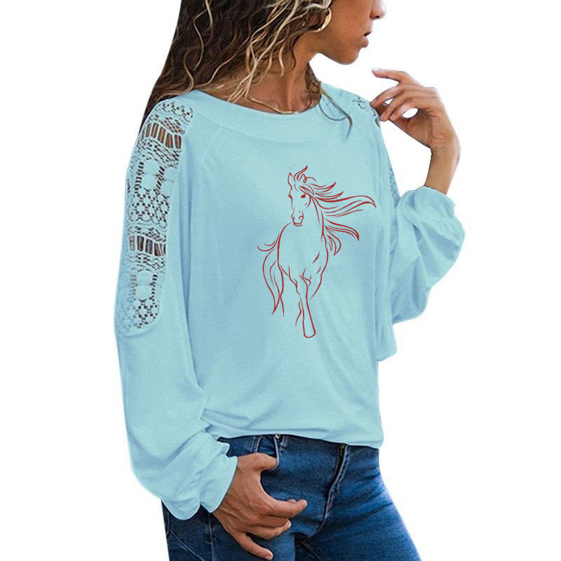 Creative Horse T Shirt Women Long Sleeve O-Neck T-shirt Woman Clothing animals Tops Girl Casual Loose Lace Top Tees 210406
