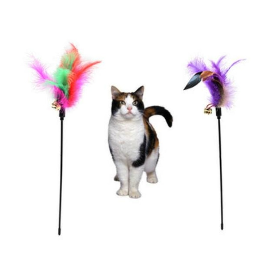 24 Hours Shipping Chirstmas Cat Toys Kitten Pet Teaser 38cm Turkey Feather Interactive Stick Toy With Bell Wire Chaser Wand C0610G02