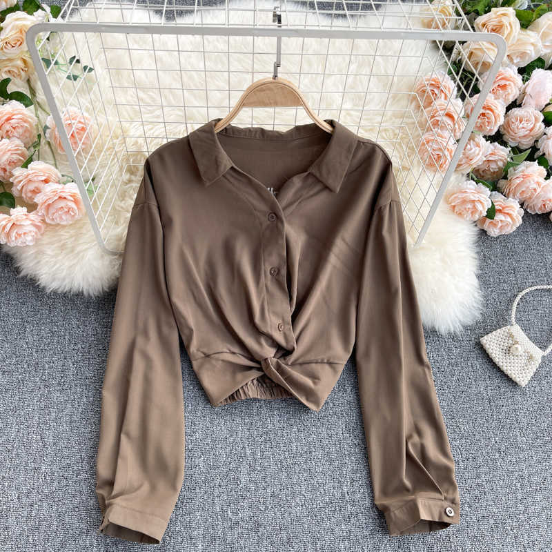 Women Fashion White Shirt Lapel Long Sleeve Knot High Waist Pure Short Tops Female Korean Vintage Clothing Blouse R643 210527