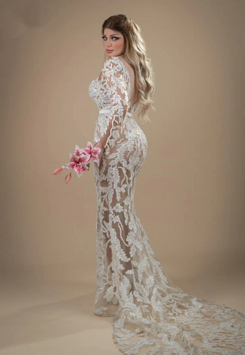 Plus Size Mermaid Arabic Wedding Dresses 2022 Modest Lace Applique Sequin Backless Court Train Long sleeve bridal gown