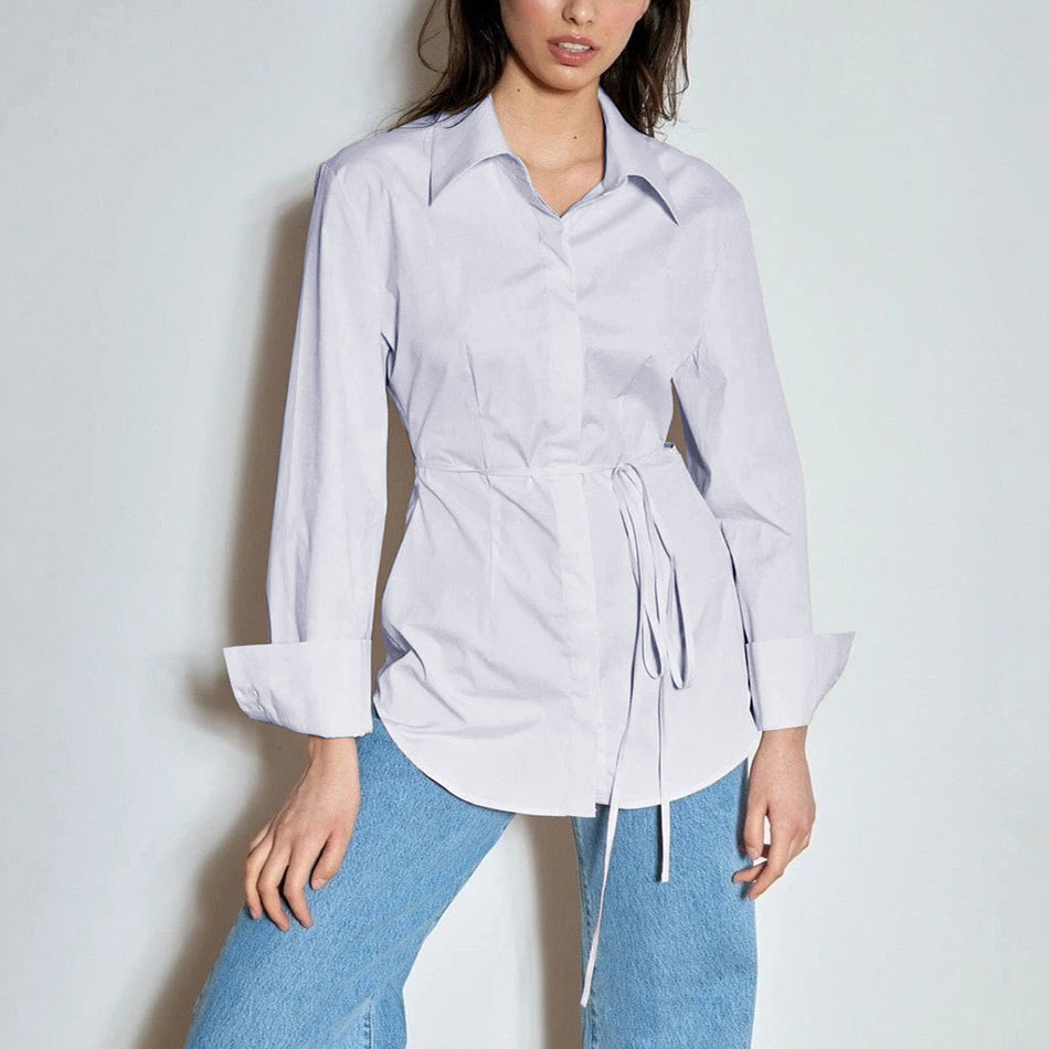 Free Blouse Women Long Sleeve Hollow Out Lace up Shirts Casual Fashion Sexy Turn-down Collar Front Button Solid Top 210524