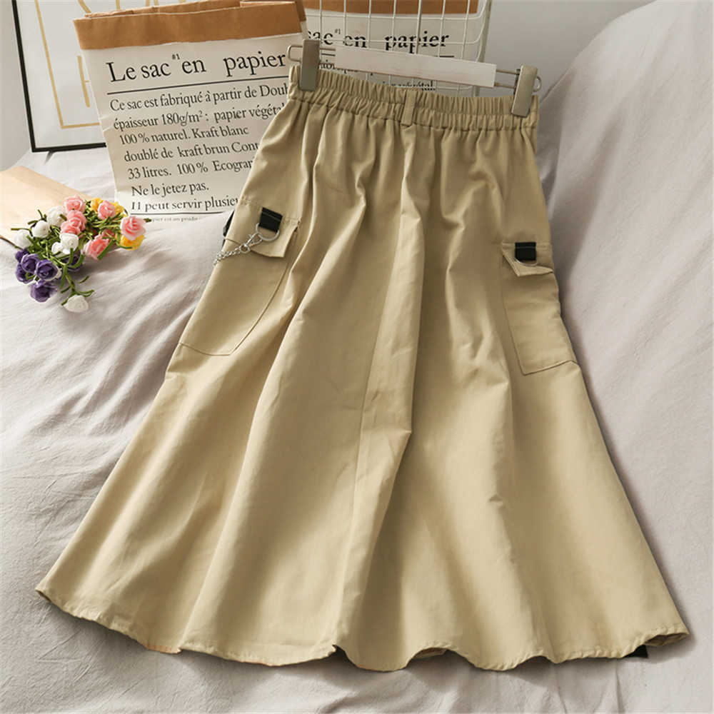 Harajuku Vintage Long Skirts Womens Summer High Waist Pockets Pleated Cargo Skirts Plus Size Ladies White Black Skirt jupe femme 210619wtt