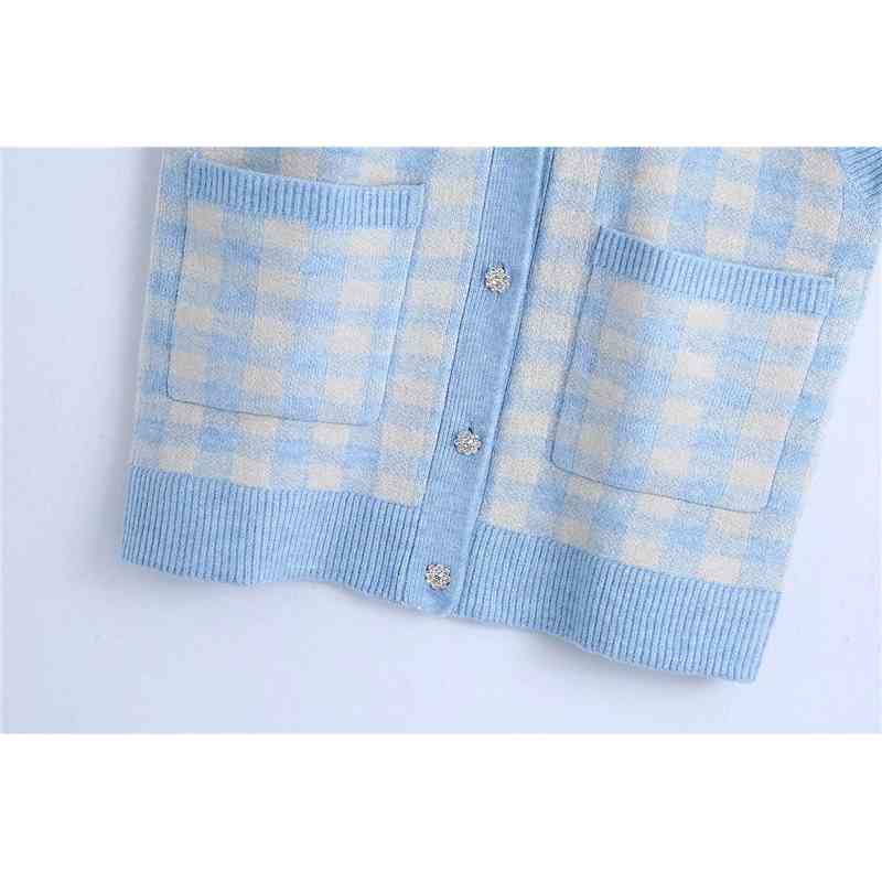 Streetwear Women Blue Plaid Sweater Vest Fashion Ladies V-Neck Knitted Tops Causal Female Chic Pocket Loose Cardigan 210527