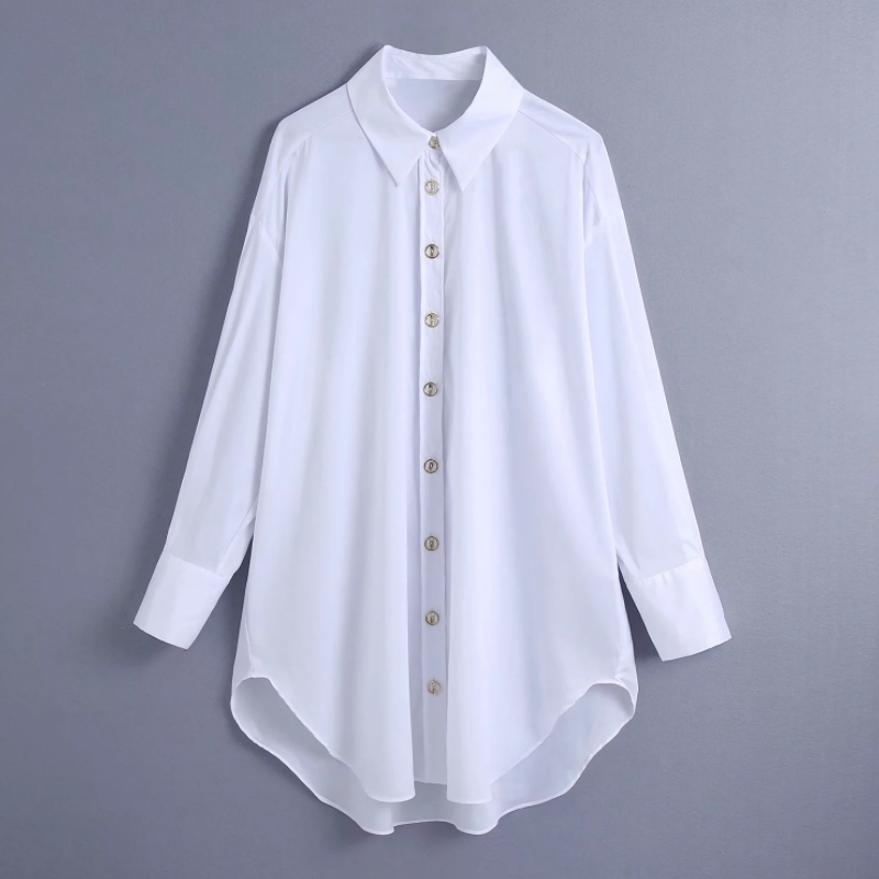 Spring Women Button Decoration White Shirt Female Tailored Collar Long Sleeve Blouse Casual Lady Loose Tops Blusas S8679 210430