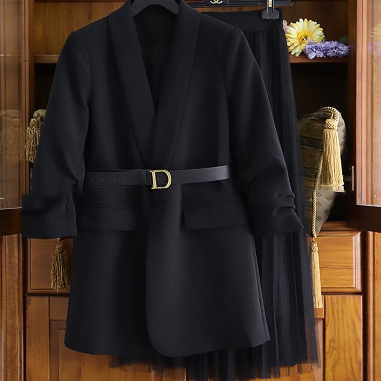 Matching Sets Fashion Clothing Plus Size Notched Full Blazer Jacket + Slim High Waist Pleated Mesh Skirts Elegant Casual Retro 210429