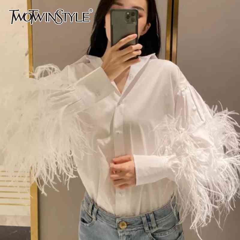 Casual Patchwork Feather Blouse For Women Lapel Lantern Sleeve White Solid Shirt Female Fashion Clothing 210524