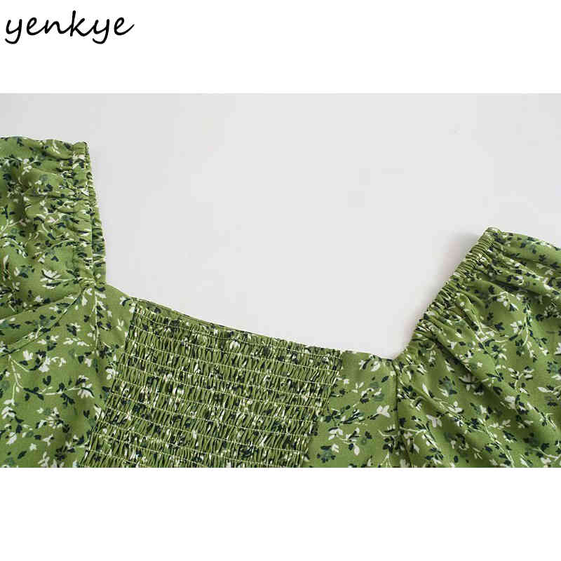 YENKYE Green Floral Print Dress Women Sexy Square Neck Puff Sleeve A-line Short Dress Female Holiday Summer Vestido 210515