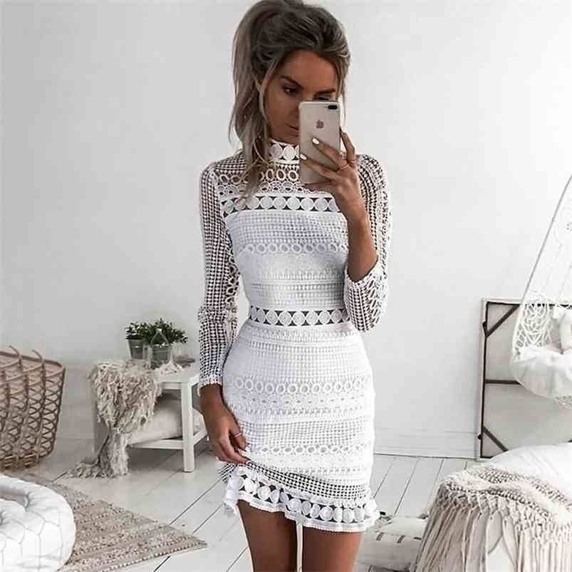 Women Dress Sexy White Lace Stitching Hollow Out Party Dresses Elegant Short Mini Summer Spring Long Sleeve Clothes Vestidos 210623