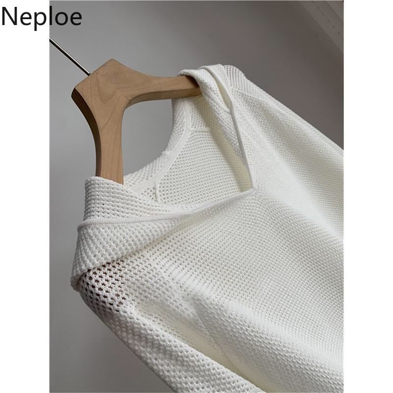 Neploe Hooded Sweater Women Spring Thin Simple Knit Pullovers Casual Hollow Out Korean Loose White All Match Jumper Tops 4H765 210422