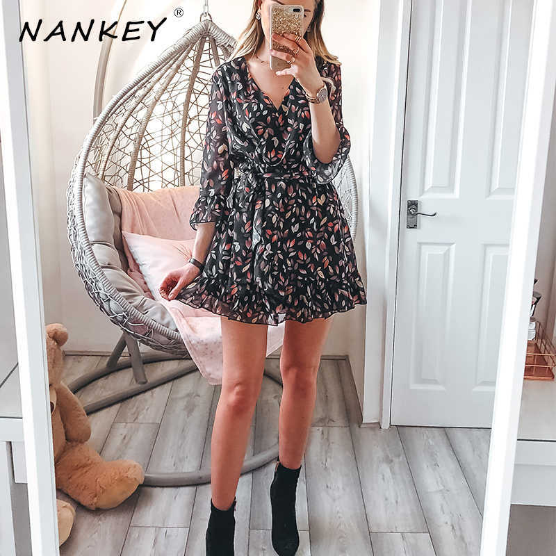 NANKEY Leaf Print 3/4 Sleeve Summer Dress For Women Casual Leopard V Neck Mini Dress Sashes Club Dress Female Party Vestidos 210630