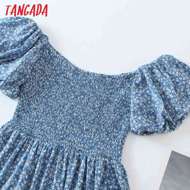 Women Blue Flowers Print Shoulder Off Puff Short Sleeve Ladies Mini Dress QW96 210416