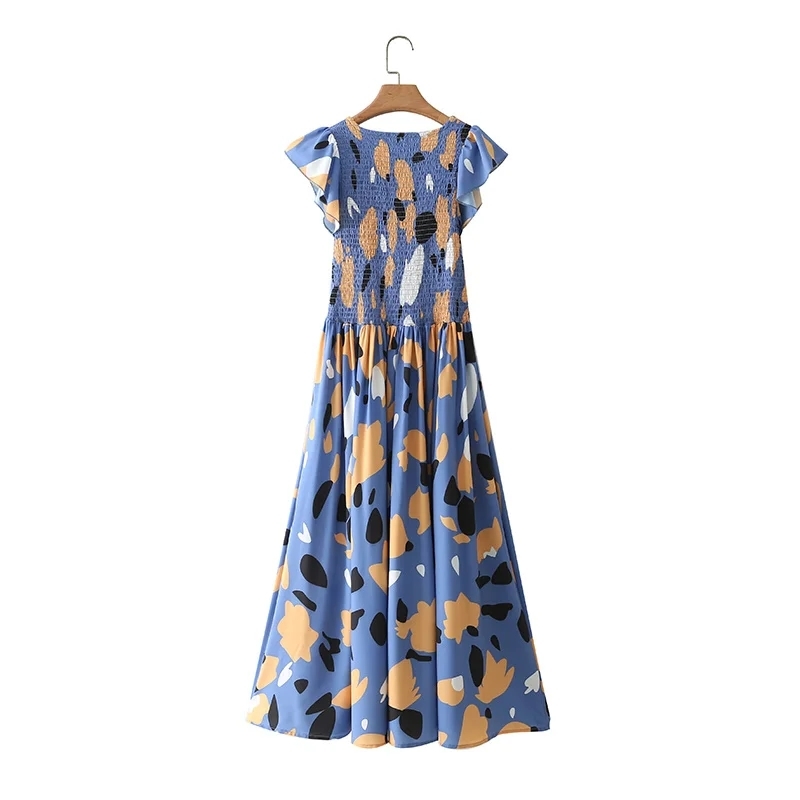 Summer Women Elegant Print Elastic Bust Midi Dress Female Butterfly Sleeve Clothes Casual Lady Loose Vestido D7779 210430
