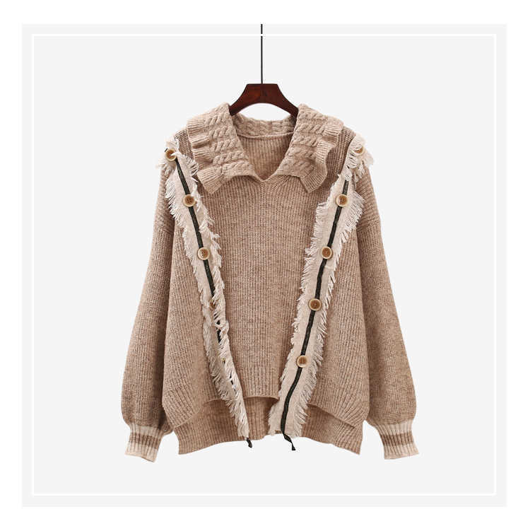 H.SA Women Winter Sweater and Pullovers Turtleneck Turn down Collar Pull Sweaters Tassel Knit Jumpers Winter Clothes Button Tops 210716