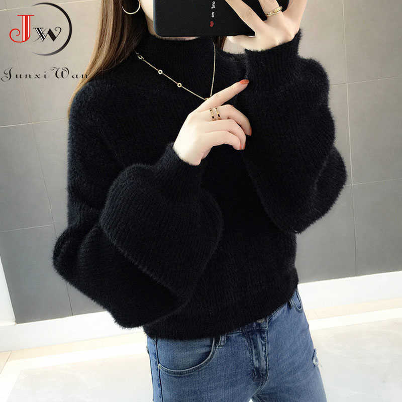 Thick Mohair Women Sweaters Turtleneck Soft Lantern Sleeve Short Pullovers Fashion Autumn Winter Sweater Solid Jumpers 211007