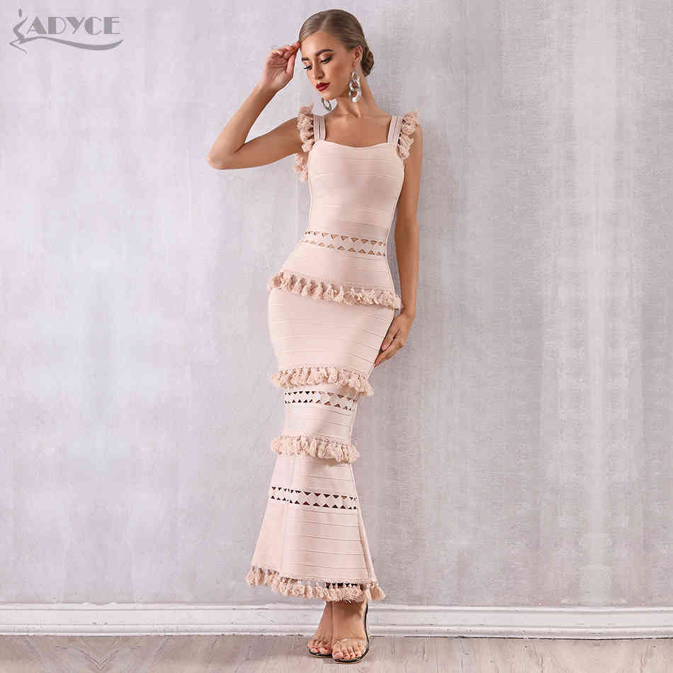 Summer Women Maxi Hollow Out Bandage Dress Sexy Sleeveless Tassel Club Fringe Celebrity Evening Party 210423