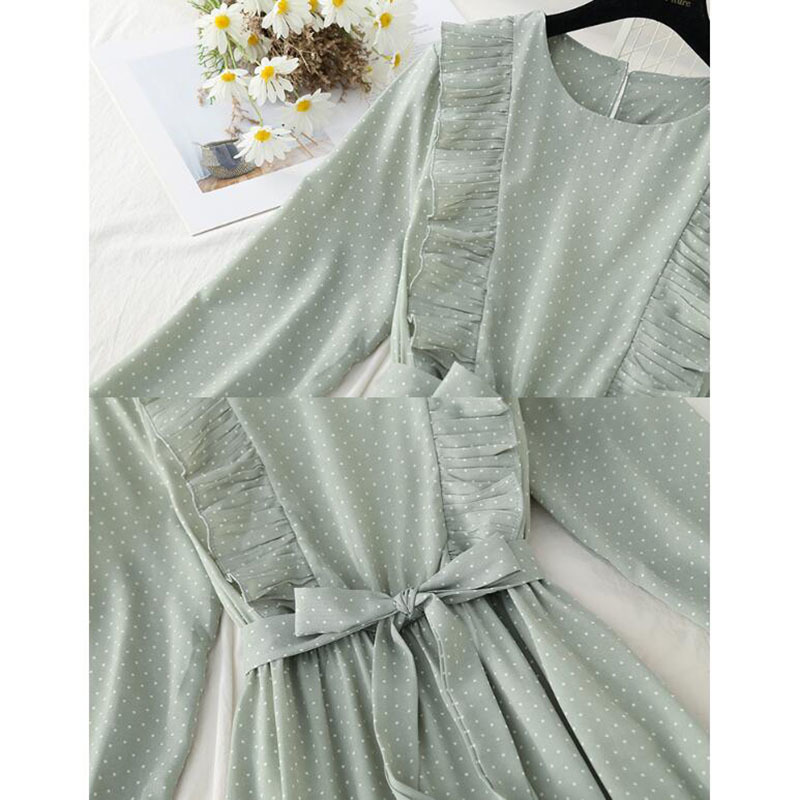 Vintage Polka Dot Print Dress Women Elegant Ruffle Chiffon Party Dress Long Sleeve O Neck Midi Dress Spring Summer Dresses 210521