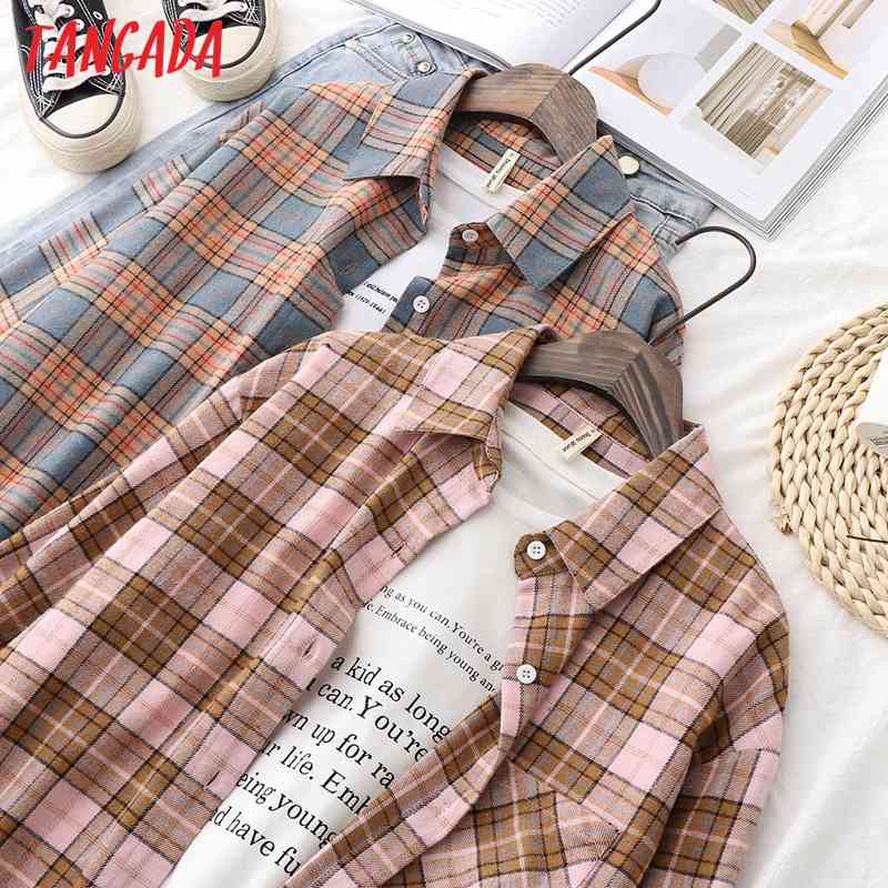 Women Retro Oversized Plaid Print Blouse Long Sleeve Chic Female Casual Loose Shirt Tops XQ04 210416
