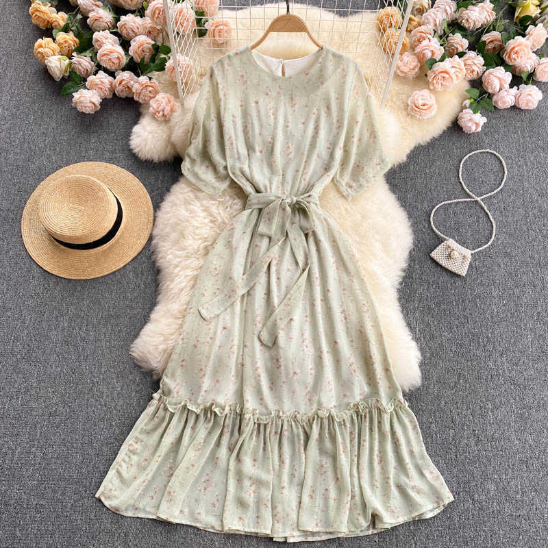 Summer Vintage Printed Dress Women Round Neck Short Sleeve Ruffle Vestidos With Sashes Female Yellow/Green Midi Robe 2021 New Y0603
Summer Vintage Printed Dress Women Round Neck Short Sleeve Ruffle Vestidos With Sashes Female Yellow/Green Midi Robe 2021 New Y0603
