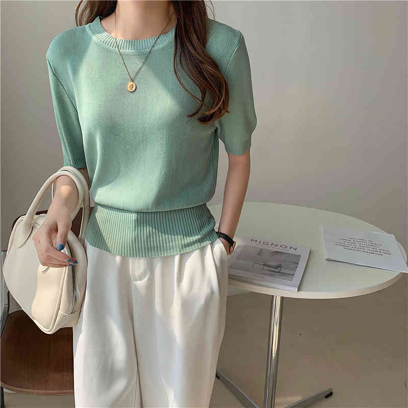 Summer Thin Knitted T Shirt Tees Women Short Sleeve O-neck Tops Solid Casual Fashion Korean T-shirt Femme 210514