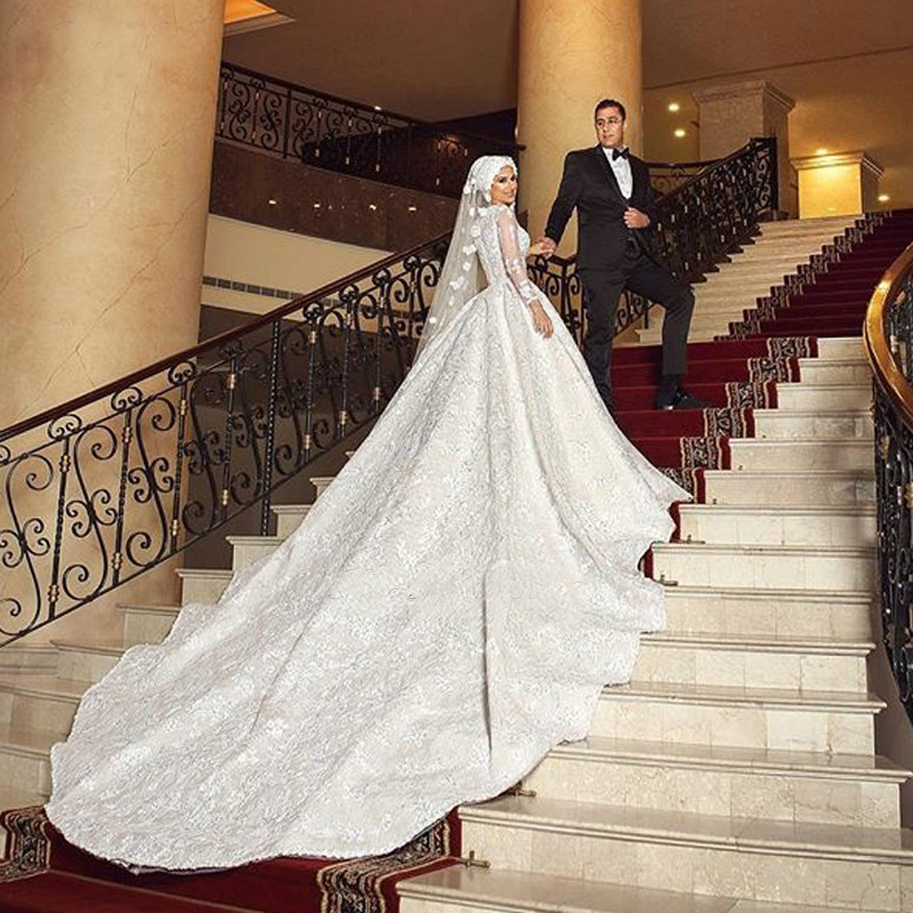 2022 Arabic Bridal Wedding Gowns Ivory Muslim Long Sleeve Lace Appliques Chapel Train Vestido De Novia