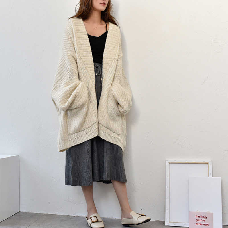 Apricot Big Size Knitting Cardigan Sweater Loose Fit V-Neck Long Sleeve Women Fashion Autumn Winter 1Y152 211011Z