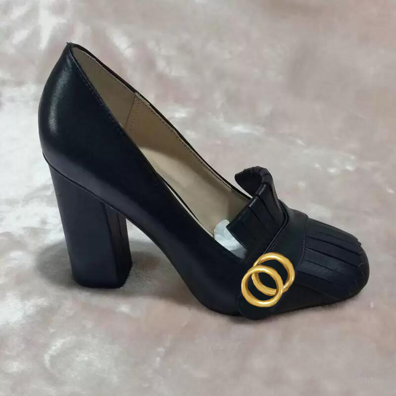 womens high-heeled boat shoe Designer shoes woman Thick heel high heels 10cm 100% leather Round head Metal Button women Dress shoes Large size 34-41-42 us4-us11 With box